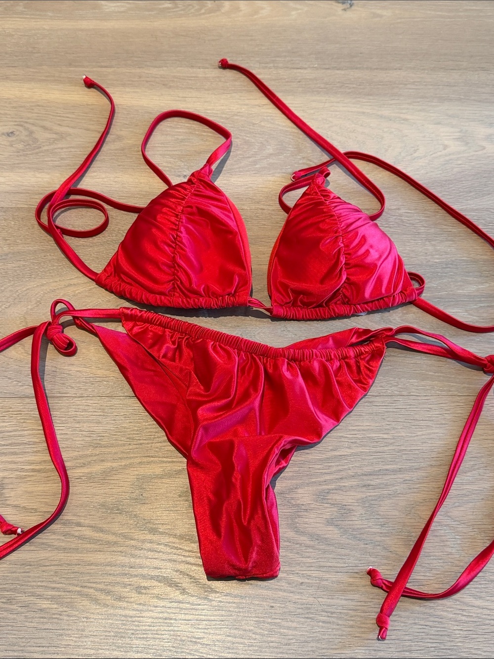 Zaful Red Satin Triangle String Bikini Set